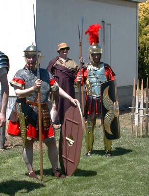 Antony Lucius (Anthony Garbisch), Lucas Cornelius Flavius (Richard Lucas), and Gaius Germanicus Magnus (Steve Oster) preparing f